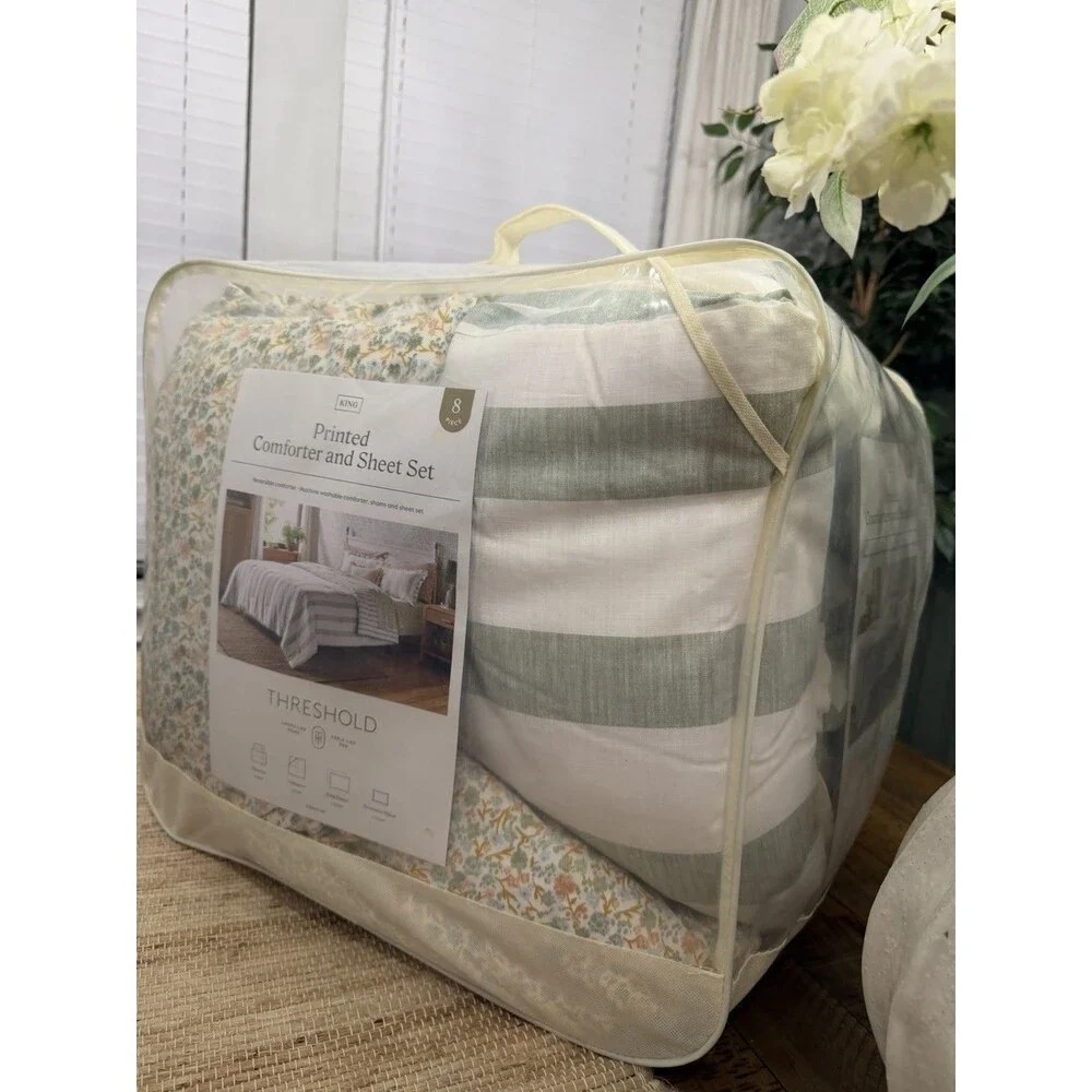 RARE 8pc King Cabana Striped Floral Comforter and Sheet Set - Threshold NEW